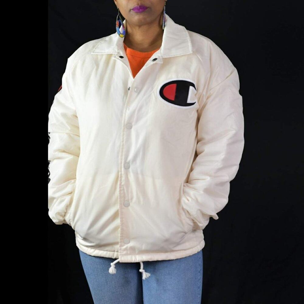 Champion Coaches Jacket White Winter Sherpa Lined Windbreaker Satin Size Small
